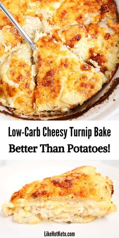 Keto scalloped turnips au gratin with a golden brown crust of Gruyere cheese. Turnips Au Gratin, Scalloped Turnips, Cheesy Potato Bake, Low Carb Potatoes, Turnip Recipes, Scalloped Potato, Potato Bake, Cheesy Potato