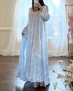 - Beautiful soft blue matching set includes sheer frosted blue maxi slip dress featuring sheer lace with floral embroidery at bustier on a sakura embossed fabricThe robes features matching lace embroidery on cuffs and collar- robe belt included; pockets on robes-size M-pristine condition with no visible flaws 🤍Model Measurements: - Bust: 34B - Waist: 26 - Hip: 38 - Height: 5"4 🤍 Size of mannequin: size 2 - 4 Blue Lace Gown For Spring, Spring Blue Lace Gown, Spring Evening Lace Sleepwear, Blue Lace Nightgown With Lace Trim, Night Gown Dress, Causal Outfits, Maxi Slip Dress, Blue Maxi, Lovely Clothes