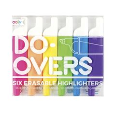 six erasble highlighters in a package with the words do overs written on them