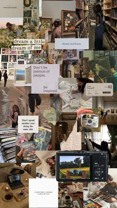 a collage of photos with people and books on them, including an image of the library