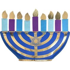 a hanukkah menorah with five candles lit up in blue and gold