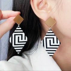 Bohemian/ Egyptian Style Earrings Trendy White Drop Clip-on Earrings, Chic White Dangle Clip-on Earrings, Chic White Clip-on Earrings, White Bohemian Geometric Earrings, Bohemian White Geometric Earrings, White Geometric Bohemian Earrings, Jewelry Painting, Black And White Contrast, Fimo Jewelry