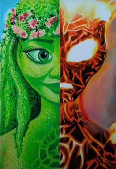 two paintings one is green and the other has red flowers in her hair, both are painted with acrylic paint