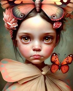 a painting of a girl with butterflies on her head and butterfly wings above her head