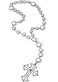 a rosary with a cross on it and beads hanging from the side, in black and white