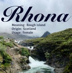 the cover of rhona, featuring a river running through it and mountains in the background