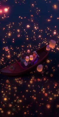 two people in a boat surrounded by floating lanterns