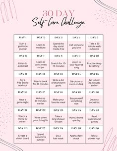 This 30-day self-care challenge print is a program that encourages you to prioritize your physical, emotional, and mental well-being for a period of 30 days. This challenge includes daily tasks related to self-care such as exercise, meditation, journaling, and healthy eating. Additionally, it also includes activities t 30 Day Self Care Challenge, 30 Day Self Care, Gratitude Day, Desk Workout, Self Care Challenge, Love Journal, Love Challenge, 30 Day Challenge, Self Care Activities