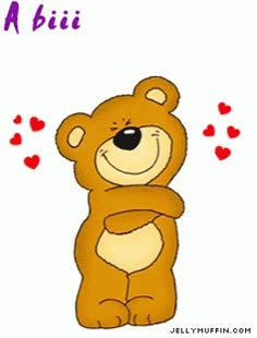 a brown teddy bear sitting on top of a white wall with hearts flying around it