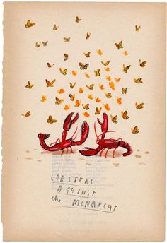 a drawing of two red lobsters with butterflies flying above them and words written below