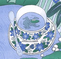 a drawing of a bowl and spoon on a plate with water lilies around it