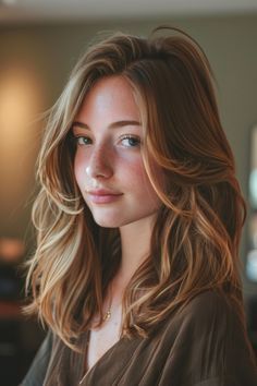 Young woman with freckles and long wavy hair smiling slightly and looking at the camera. Teens Haircuts For Girls, Haircut For Heart Shaped Face Medium, Haircuts For Long Face Shape, Side Part Mid Length Hair, Teenager Haircut, Haircut For Heart Shaped Face, Hairstyles For Square Face Shape, Haircuts For Heart Shaped Faces, Haircut 2025