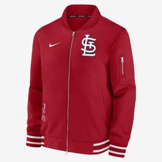 Featuring premium team details, the Authentic Collection Game Time Bomber Jacket helps you warmly showcase your love for the St. Louis Cardinals in cold, inclement weather. Its water-resistant twill fabric is built for heavyweight coverage on game day. Nike Outerwear For Sports Events, Nike Long Sleeve Outerwear For Sports Events, Nike Long Sleeve Outerwear For College, Nike Outerwear For Sports Events In Fall, Nike Fall Outerwear For Sports Events, Nike Winter Outerwear For College, Sports Outerwear With Ribbed Cuffs, Zip Design, Pullover Windbreaker