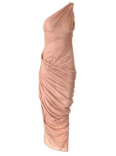 Long powder pink dress by Rick Owens in draped jersey, one shoulder, side zip closure, slim fit. Ruched Pre-draped One Shoulder Dress, Pre-draped Ruched One Shoulder Dress, Pink Draped Asymmetrical Evening Dress, Pink One-shoulder Pre-draped Dress, Pink Ruched Dress With Asymmetrical Neckline, Pink Draped Asymmetrical Dress For Evening, Pink Ruched One-shoulder Dress With Asymmetrical Neckline, Pink Fitted Draped Asymmetrical Dress, Pink Ruched One Shoulder Dress With Asymmetrical Neckline