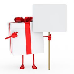 a red and white gift box holding a sign with a red ribbon around its neck