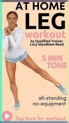 a woman in white shirt and blue skirt standing on one leg with the words at home leg workout by quillified trainer lucy