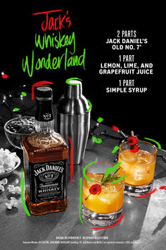 an advertisement for jack's whiskey wonderland featuring two glasses with drinks in front of them