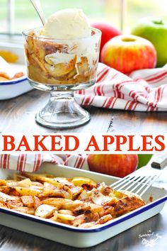 an image of baked apples in a dish with ice cream and cinnamon on the side