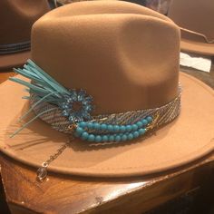 One Of A Kind Upcycled Fedora With Vintage Tie And Broached Accent Made To Order Please Message Before Purchasing Upcycled Fedora, Outfits With Fedoras For Women, Custom Hats For Women, Custom Cowgirl Hats, Hat Band Ideas, Cowboy Hat Crafts, Jean Corset, Decorated Hats, Rancher Hats