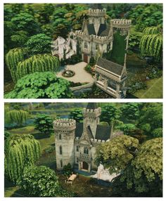 two views of a castle in the woods