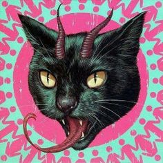 a painting of a black cat with horns on it's head and tongue sticking out