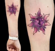 two sun tattoos on both legs