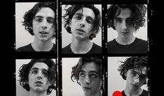 the many faces of a young man with different facial expressions and hair styles, all in black and white