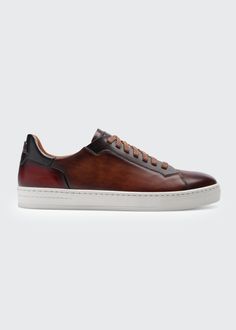 Magnanni Men's Burnished Leather Low-Top Sneakers - Bergdorf Goodman Classic Custom Sneakers In Calf Leather For Business, Luxury Brown Sneakers With Leather Sole, Classic Custom Sneakers With Calf Leather And Leather Sole, Luxury Sneakers With White Sole And Leather Lining, Brown Calf Leather Sneakers With Leather Sole, Sneakers With Leather Lining And Plain Toe, Luxury Wingtip Sneakers With Rubber Sole, Luxury Calf Leather Sneakers With Stitched Sole, Formal Lace-up Sneakers With Leather Lining