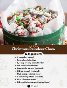 a christmas reindeer chow recipe in a green bucket with instructions for how to make it