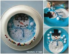 there is a snowman made out of paper plates on the table, and then it's decorated with beads