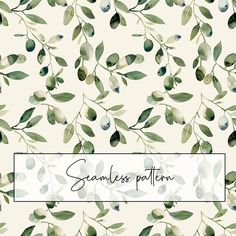 an olive branch with leaves and berries on a white background, the words seamless pattern