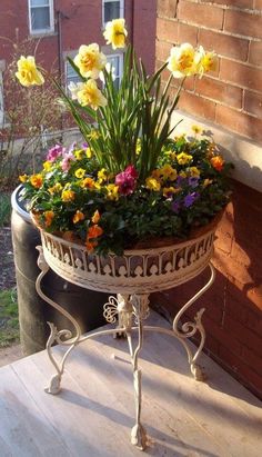 a potted planter filled with flowers on top of a wooden table