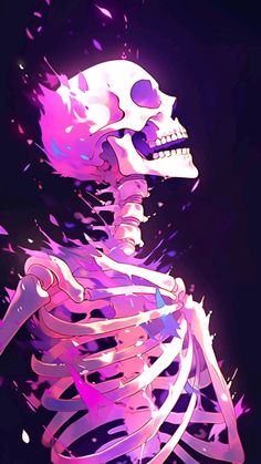 a skeleton with purple paint splattered on it's face and chest, in front of a black background