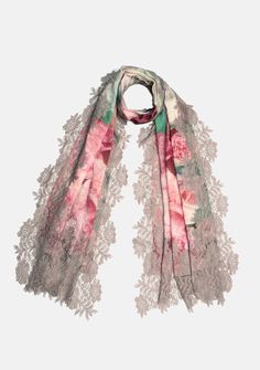 Immerse yourself in a world of romance and charm with this roses print scarf. The scarf features a delightful print of delicate roses, adding a touch of whimsy and elegance to your ensemble. Crafted from a blend of wool and silk, it offers a luxuriously soft and smooth feel against your skin. The scarf is further adorned with a sienna-colored floral lace border, showcasing intricate details and a graceful feminine flair. Wrap yourself in beauty and grace whilst keeping comfortably warm. Beauty And Grace, Roses Print, Lace Border, Rose Print, In A World, Scarf Print, Intricate Details, Silk Scarf, Floral Lace