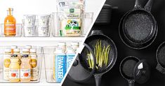 an assortment of cooking utensils are displayed on shelves next to bottles and glasses