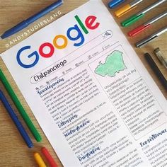 a paper with the google logo on it next to some markers and pencils,