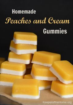 homemade peaches and cream gummies stacked on top of each other with text overlay