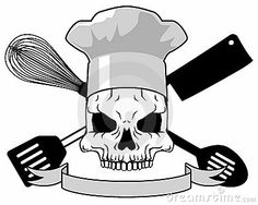 a skull wearing a chef's hat and cooking utensils