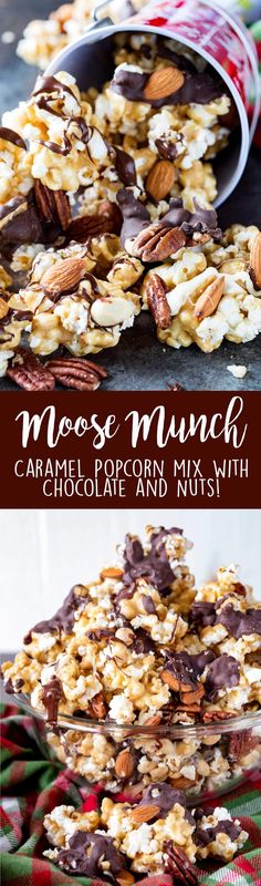 chocolate and nuts munch caramel popcorn mix with chocolate and nuts on the side