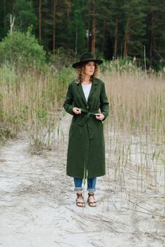 "Arizona coat, Long linen coat, Green linen coat, Autumn linen coat, Handmade linen coat, Classic linen coat, Coat with belt, Minimalist coat -----------We do make custom made clothes. Just let us know your measurements ------------------- * Name: Arizona coat * Handmade * Colour: FOREST * 100 % washed & softened Lithuanian linen * 205 g/m2 * With cotton lining * With belt * Two buttons * Inner pockets * Length of the coat - 120 cm * Length of the sleeves - 62 cm The model is 178 cm height a Belted Linen Long Sleeve Outerwear, Belted Long Sleeve Linen Outerwear, Long Sleeve Belted Linen Outerwear, Fall Linen Belted Outerwear, Belted Linen Outerwear For Fall, Spring Linen Belted Outerwear, Bare Shoulder Dress, Coat Classic, Dark Green Dress