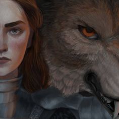 a painting of a woman and a wolf