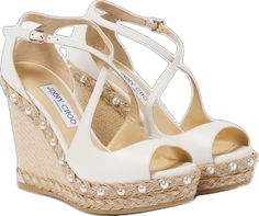 Leather Espadrilles, Espadrille Sandals, Wedge Espadrille, Espadrilles Wedges, Wedge Heels, Jimmy Choo, Faux Pearl, Open Toe, Ankle Strap