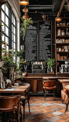 the interior of a restaurant with wooden tables and chairs, menus on blackboard