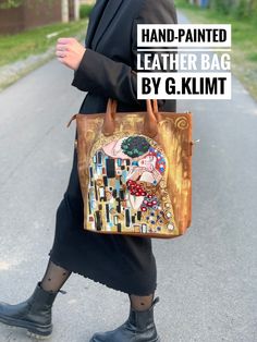 Elevate your accessory game with this exquisite hand-painted leather bag by Klimt. Reminiscent of the artist's iconic style, this stylish bag is not only a practical fashion statement but also a work of art. Treat yourself or surprise her with this unique and luxurious gift idea that is sure to stand out in any ensemble. Handcrafted with attention to detail, this bag is a must-have for anyone who appreciates creativity and sophistication. HOW TO ORDER 1.Write me what kind of bag you want (leather or eco-leather). 2.I will buy the bag for you. 3.Then I draw you a picture on the bag. 4.I send you the finishing photo. 5.I send the bag to you 6.I will send you a tracking number to follow the parcel. Please feel free to message me with any questions! Please note that real colors may slightly di Hand Painted Leather Bag, Painted Leather Bag, Klimt Inspired, Painted Handbag, Practical Fashion, Potli Bags, Painted Jeans, Hand Painted Leather, Painting Leather