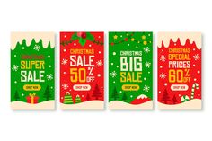 three christmas sale banners with green and red decorations on the front, one is for 50 %