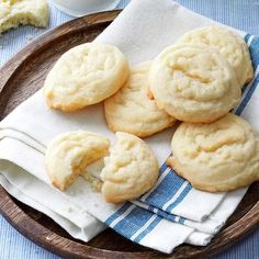 some cookies are sitting on a blue and white towel