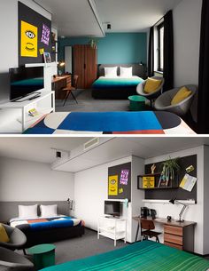 two pictures of the same room, one with a bed and another with a desk