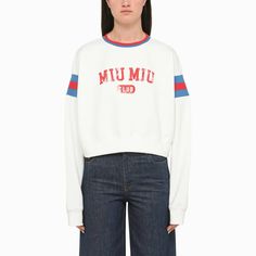 Logo-Print Cropped Sweatshirt From Miu Miu Featuring Red/White/Blue, Cotton, Logo Stamp To The Front, Side Stripe Detailing, Crew Neck, Long Sleeves, Elasticated Hem And Cropped. Composition Cotton 100% Minnie Mouse Sweatshirt, White Crew Neck, Cropped Sweatshirt, Sports Tees, Cotton Logo, Logo Stamp, Pink Sweatshirt, Side Stripe, Crop Sweatshirt