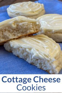 three pieces of cottage cheese cookies sitting on top of a blue cloth with the words cottage cheese cookies