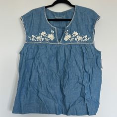 Gap Denim Chambray Embroidered Denim Shirt. Floral Stitching Xxl Nwt Sleeveless Tunic Casual White Cotton Denim Top, Embroidered Medium Wash Tops With Relaxed Fit, Embroidered Medium Wash Top With Relaxed Fit, Embroidered Relaxed Fit Top, Embroidered Relaxed Fit Medium Wash Top, Relaxed Fit Embroidered Medium Wash Tops, White Casual Denim Top For Summer, Medium Wash Top With Floral Embroidery And Relaxed Fit, Relaxed Fit Floral Embroidery Tops